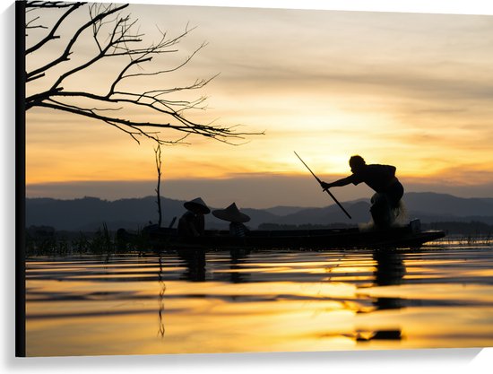 Canvas - Silhouet van Aziatische Vissers op het Water - 100x75 cm Foto op Canvas Schilderij (Wanddecoratie op Canvas)