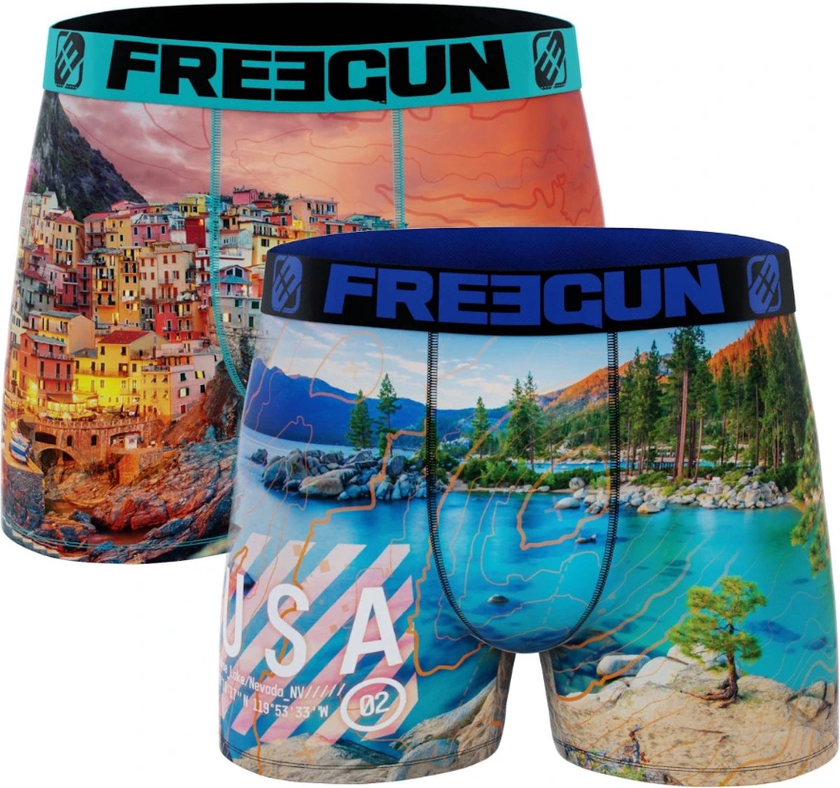 Freegun heren boxershorts microvezel | 2-pack | MAAT M | Lake Tahoe/Cinque Terre