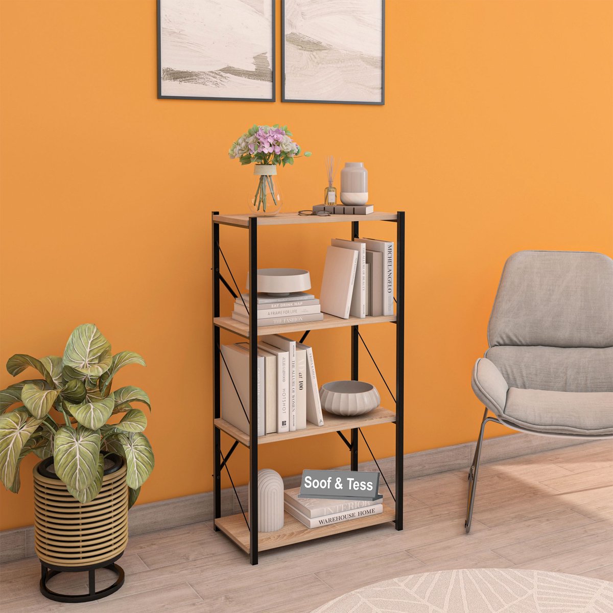 Soof&Tess Boekenkast - Opbergrek Met 4 Planken - Woonkamer - Slaapkamer 32 x 60 x 114 cm - SONOMO / Zwart - Open Planken - Voor Kantoor