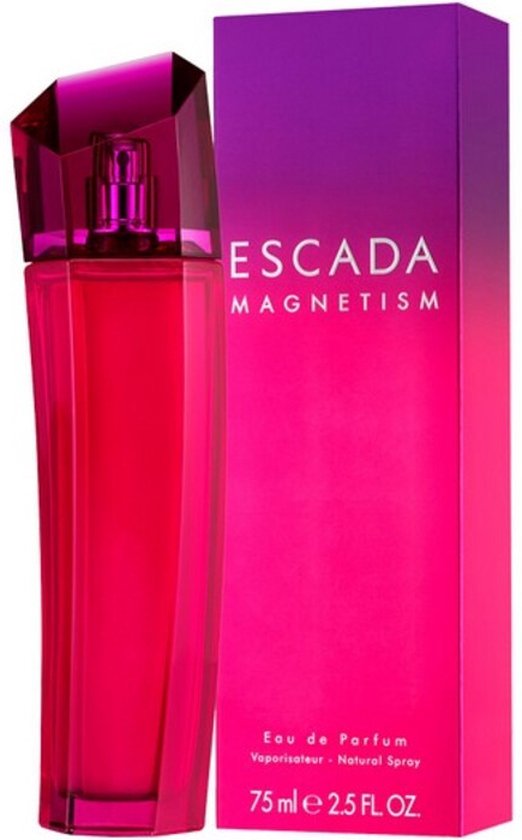 Escada Magnetism Eau de Parfum 75 ml fles en doos met roze-paarse gradiënt op witte achtergrond.