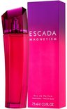 Escada Magnetism Eau de Parfum 75 ml fles en doos met roze-paarse gradiënt op witte achtergrond.