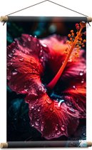 Textielposter - Rode Hibuscus Bloem met Waterdruppels - 40x60 cm Foto op Textiel