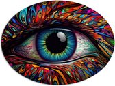 Dibond Ovaal - Schilderij van Blauw oog op Kleurrijk Gezicht met Patronen - 108x81 cm Foto op Ovaal (Met Ophangsysteem)