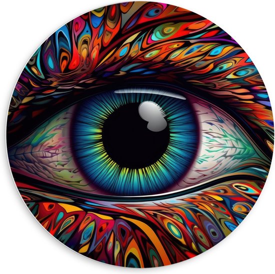 PVC Schuimplaat Muurcirkel - Schilderij van Blauw oog op Kleurrijk Gezicht met Patronen - 60x60 cm Foto op Muurcirkel (met ophangsysteem)