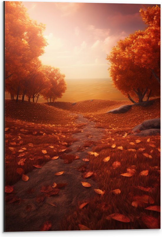 Dibond - Schilderij van Weg tussen Bomen Bedolven onder Herfstbladeren met Prachtig Uitzicht - 40x60 cm Foto op Aluminium (Met Ophangsysteem)