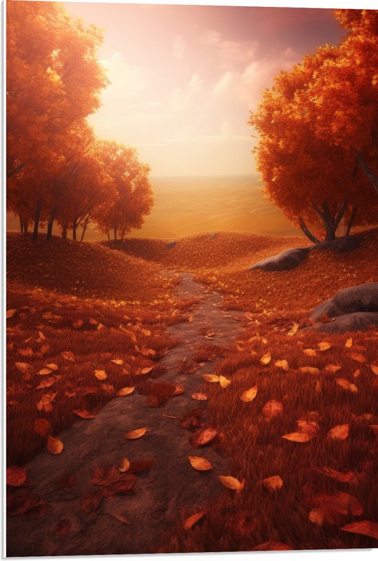 PVC Schuimplaat- Schilderij van Weg tussen Bomen Bedolven onder Herfstbladeren met Prachtig Uitzicht - 50x75 cm Foto op PVC Schuimplaat