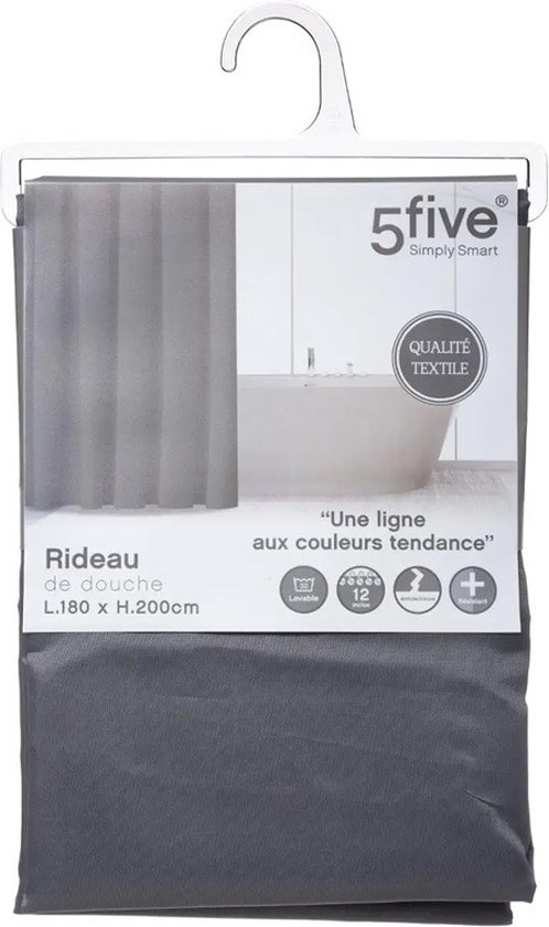5Five Rideau de douche - gris - polyester - 180 x 200 cm - anneaux inclus - Pour bain et douche
