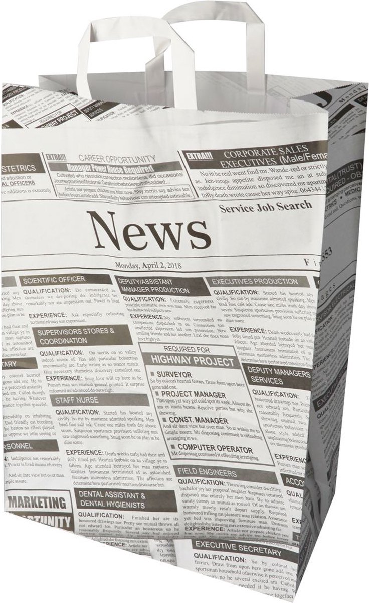 Draagtassen Papstar Newsprint, tot 5 kg, met handvat, L 440 x B 320 x H 170 mm of L 250 x B 260 x H 170 mm, kraftpapier, grijs-zwart, 50 stuks