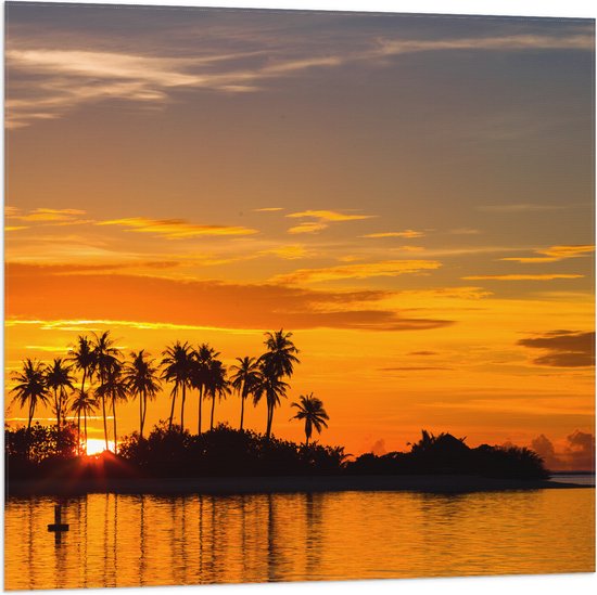 Vlag - Silhouet van Palmbomen op Eiland tijdens Felkleurige Zonsondergang - 80x80 cm Foto op Polyester Vlag