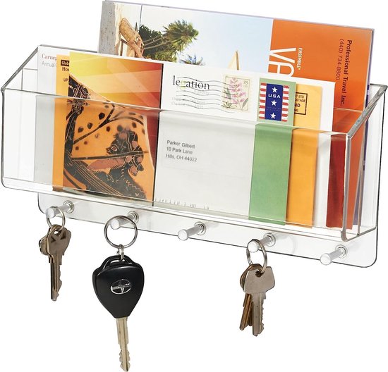 Post- en sleutelorganizer - brievenrek/sleutelrek - voor portieken, gangen en keukens - plastic/wandmodel/met 5 haken/modieus - doorzichtig