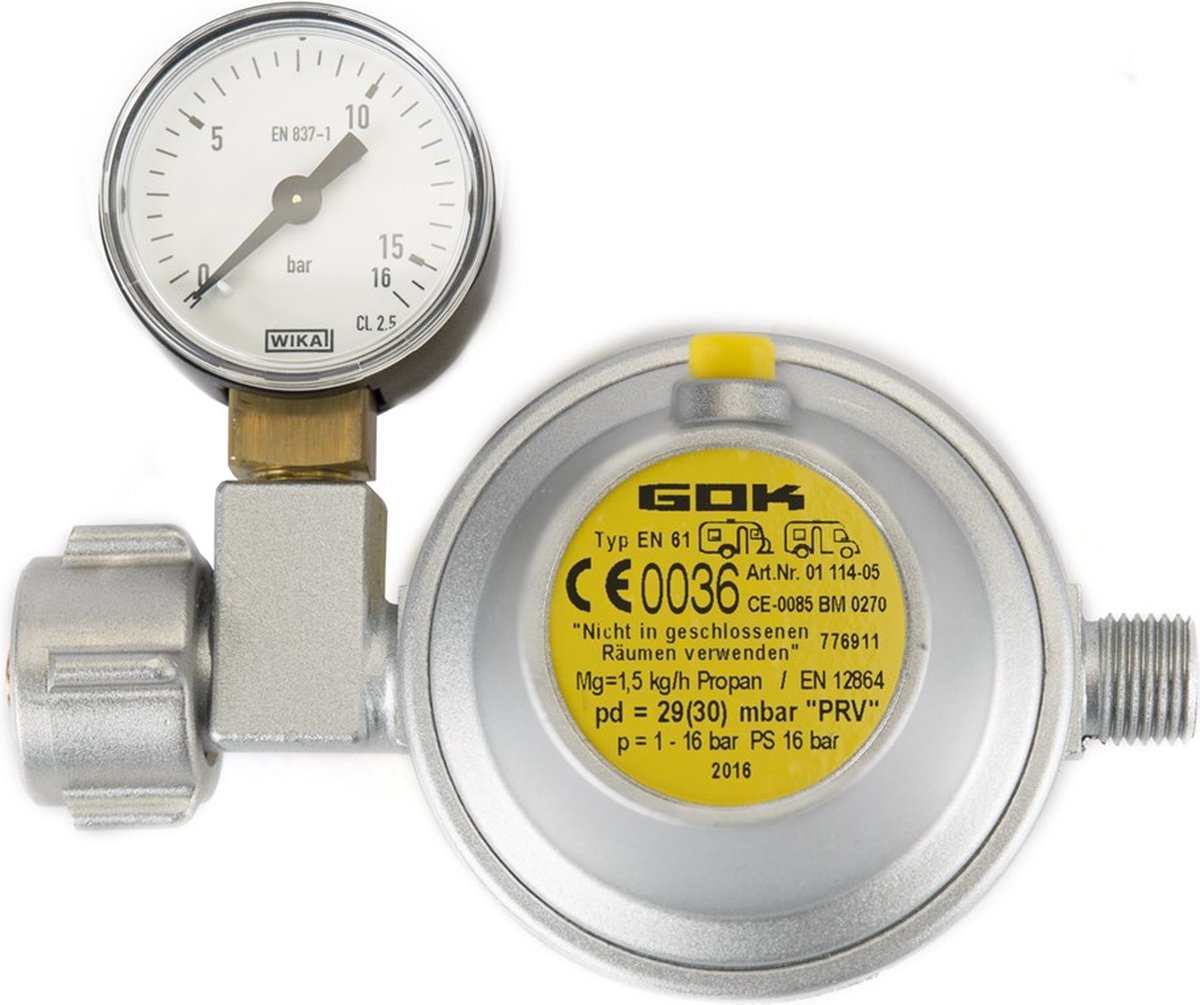 GOK gasdrukregelaar afblaasbeveiliging en manometer 30 mbar DIN X 1/4 inch links