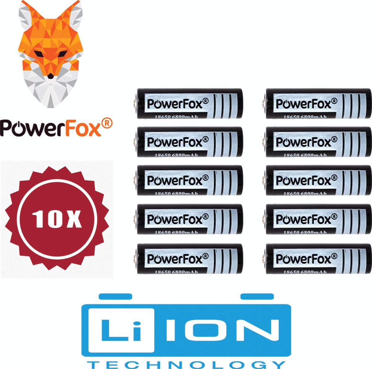 PowerFox® 10x 18650 Lithium batterij 3,7V 6800mAh oplaadbare batterij zwart