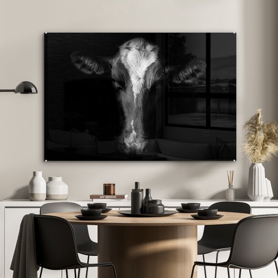 MuchoWow® Peinture sur verre 90x60 cm - Peinture acrylique sur verre - Vache - Animaux - Zwart - Photo sur verre - Peintures
