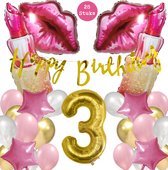 Snoes Mega Beauty Helium Ballonnen Set 3 Jaar - Roze Helium Folieballonnen - Slinger Happy Birthday Goud