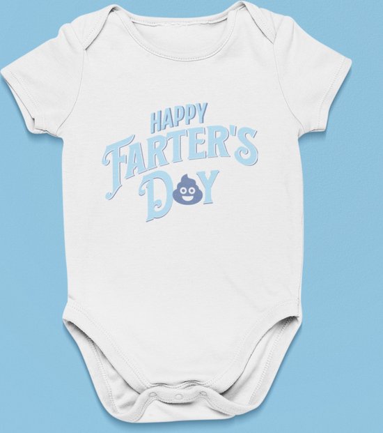 Cadeau Vaderdag - Barboteuse Happy Farters Day Blauw - Taille 56 - Couleur Wit - 100% Katoen
