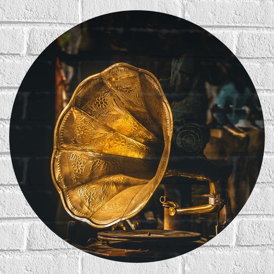 Muursticker Cirkel - Gouden Glimmende Grammofoon - 60x60 cm Foto op Muursticker