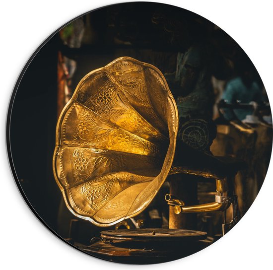 Dibond Muurcirkel - Gouden Glimmende Grammofoon - 20x20 cm Foto op Aluminium Muurcirkel (met ophangsysteem)