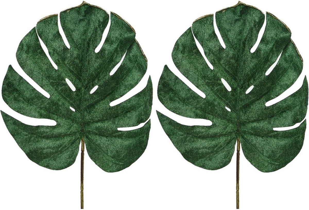 2x Groene fluwelen Monstera/gatenplant kunsttak kunstplanten 80 cm - Kunstplanten/kunsttakken bladgroen - Kunstbloemen boeketten