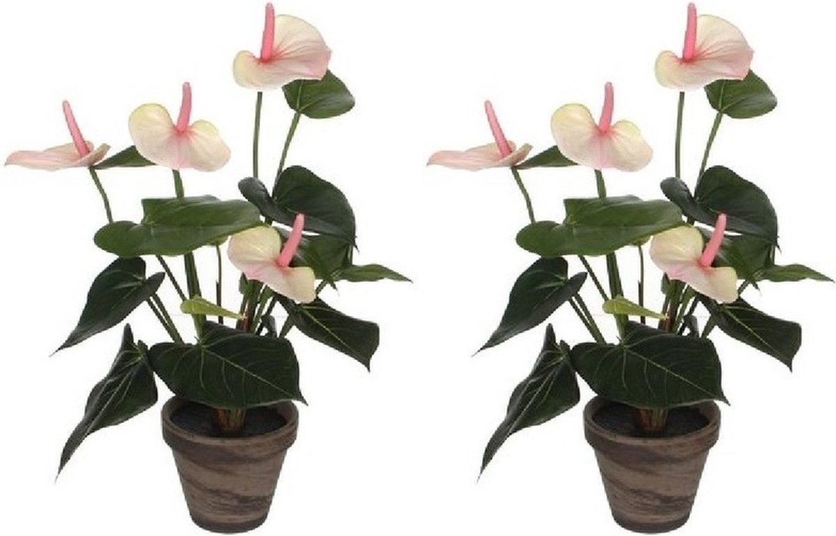Mica Decorations Kunstplant Anthurium - 2x - lichtroze - 40 cm - in grijze pot - nepplant - kamerplant