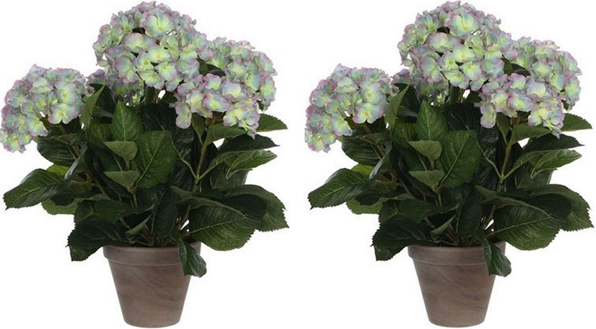 Mica Decorations Kunstplant Hortensia - 2x - groen/paars - 45 cm - in pot - Kunstplanten/nepplanten