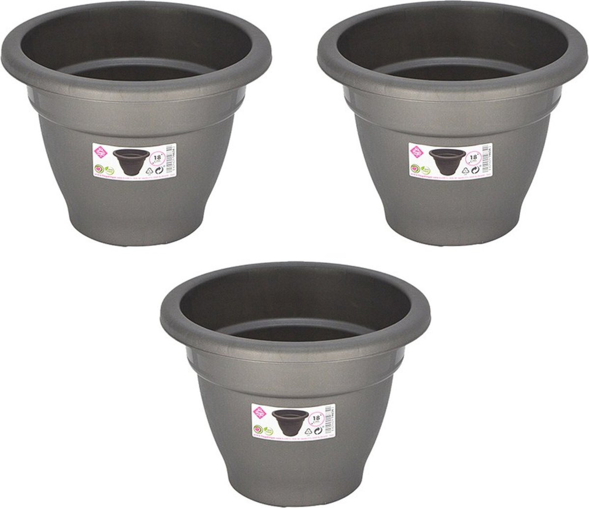 Hega Hogar Plantenpot kunststof grijs - Set van 3x stuks - 18 cm - rond - decoratief randje - stevig
