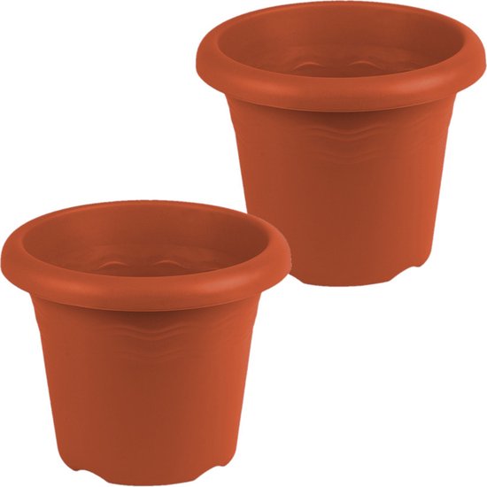 Set van 3x stuks terra cotta ronde plantenpotten/bloempotten kunststof D 18 x H 14 cm - Plantenbakken/bloembakken voor buiten