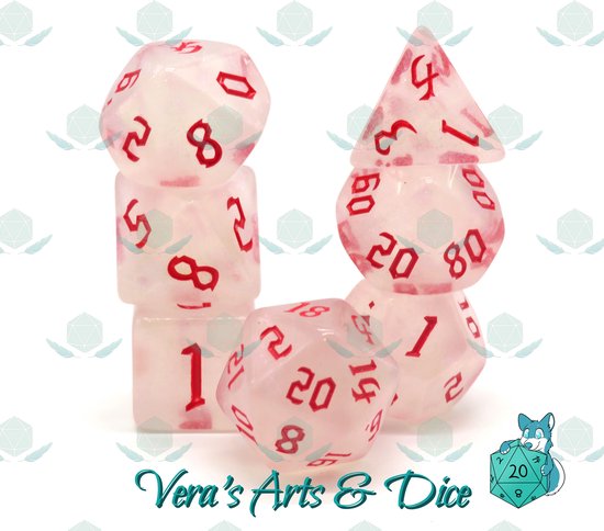 Dés Polyset | Dés - Set De 7 Pièces - Transparent Wit Et Rouge | Polydice | Pour D&D et autres Jeux de rôle | Set de Dés en plastique pour Dungeons and Dragons | Set de dés polyédriques | Sac à dés en velours noir pour environ 3 ensembles