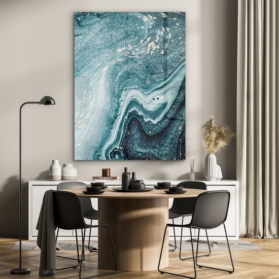 MuchoWow® Peinture sur verre 90x120 cm - Peinture sur verre - Pierres précieuses - Blauw - Nature - Marbre - Abstrait - Photo sur verre acrylique - Peintures