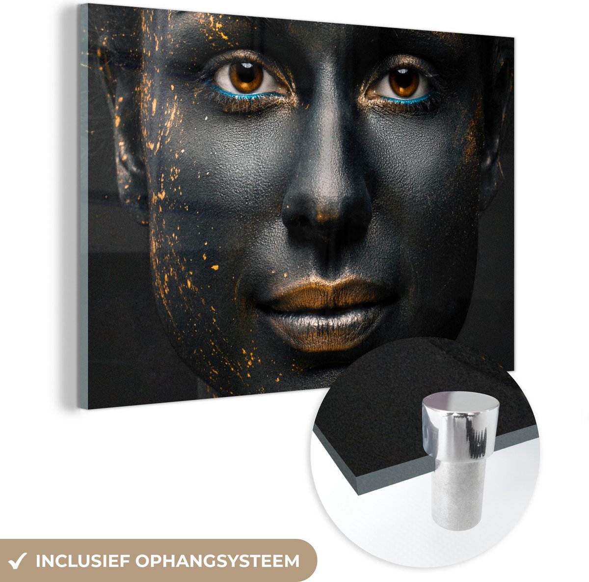 Glasschilderij - Vrouw - Goud - Verf - Make up - Portret - Foto op glas - 120x80 cm - Schilderij glas