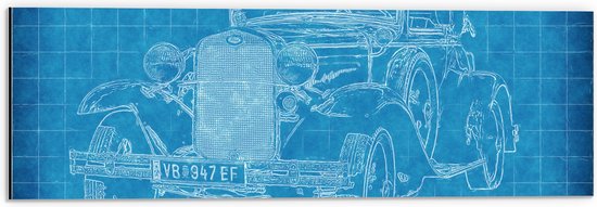 Dibond - Blauwdruk van Oude Grote Auto - 60x20 cm Foto op Aluminium (Met Ophangsysteem)