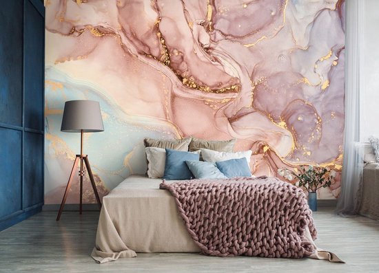 Fotobehang - Luxe Roze en Gouden Marmer - Pastel - Vliesbehang - 416 x 254 cm