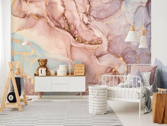 Papier peint photo Peint Intissé - Marbre Luxe Rose et Or - Pastel - 312 x 219 cm