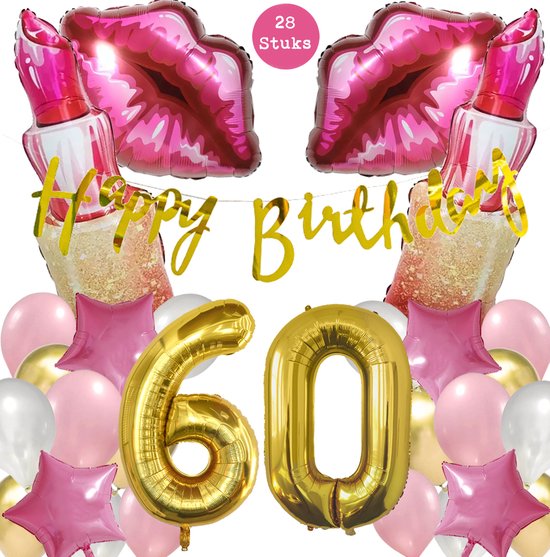 Happy Birthday 60 years cadeau mok / beker neon roze met wimpel 330 ml als kado versturen