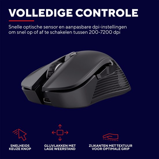 Zwarte gaming muis met aanpasbare DPI, scrollwiel en getextureerde grip.