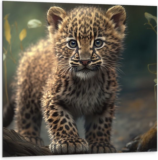 Dibond Pluizige Baby Luipaard lopend over Boomstronken 100x100 cm Foto  bol