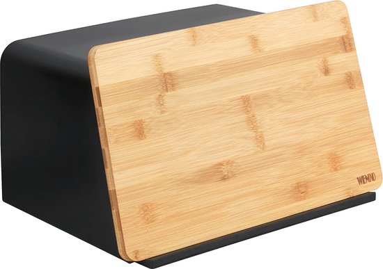 WENKO 54098100 Broodtrommel met bamboeplank, veelzijdige broodopslag met deksel en geïntegreerde snijplank van bamboe, vershouddoos, duurzaam brood bewaren, 35 x 20,5 x 26 cm, zwart/naturel