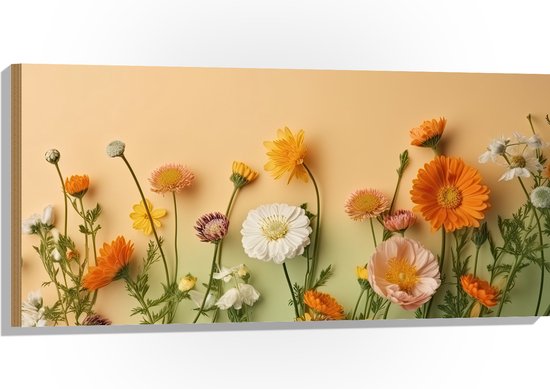 Hout - Oranje met Witte Bloemen op Oranje Achtergrond - 100x50 cm - 9 mm dik - Foto op Hout (Met Ophangsysteem)