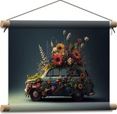 Textielposter - Ouderwetse Lichtblauwe Auto Versierd met Verschillende Bloemen - 40x30 cm Foto op Textiel