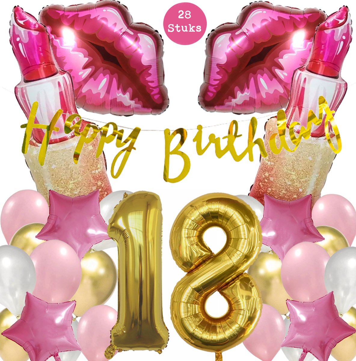Snoes Mega Beauty Helium Ballonnen Set 18 Jaar - Roze Helium Folieballonnen - Slinger Happy Birthday Goud