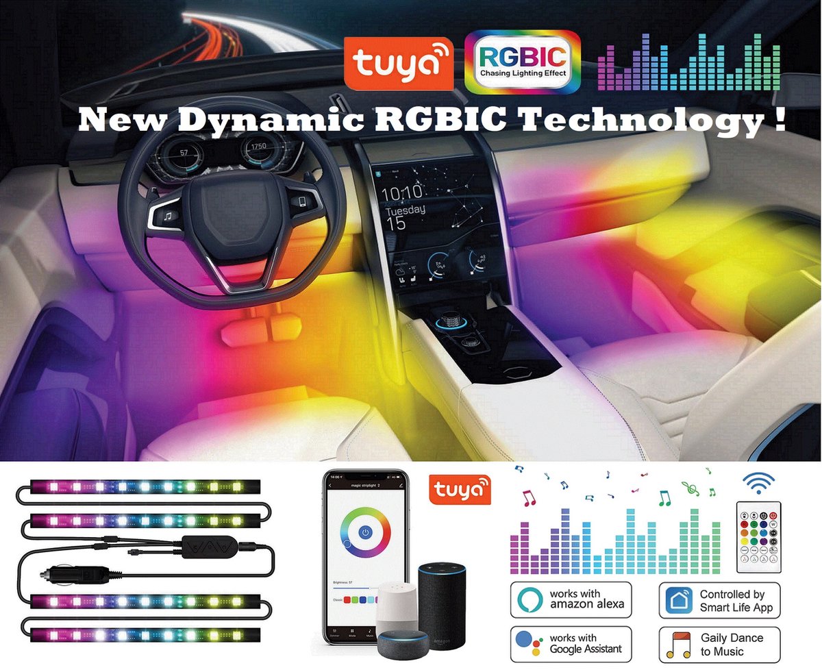 Auto Interieur Verlichting RGB-IC | Auto Styling LED STRIP LIGHT | Auto Sfeerverlichting | APP smartphone control + Muziek control |