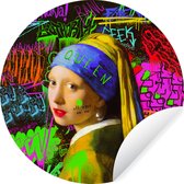 WallCircle - Muurstickers - Behangcirkel - Meisje met de parel - Neon - Graffiti - 80x80 cm - Muurcirkel - Zelfklevend - Ronde Behangsticker