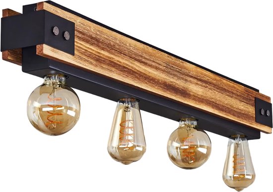 Belanian - Plafonnier en bois 4 pièces - Applique - Très belle lampe industrielle - Plafonnier LED - Lampe Vintage - Lampe à suspension - Zwart - Look design - Lampe d'ambiance