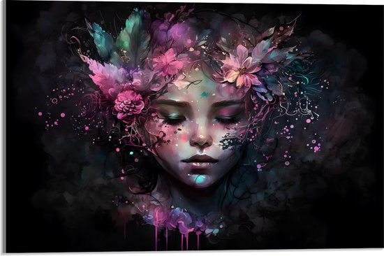 Acrylglas - Meisje Versierd met Bloemen tegen Zwarte Achtergrond - 60x40 cm Foto op Acrylglas (Wanddecoratie op Acrylaat)