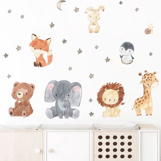 Muursticker Chambre d'Enfant - Chambre de bébé - Animaux de Bande Dessinée - Aquarelle - 130x43cm - Garçon - Fille