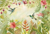Fotobehang - Vlies Behang - Kolibries in de Tropische Jungle - Planten - Exotisch - Vogels - Bladeren - 312 x 219 cm