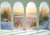 Fotobehang - Vlies Behang - 3D Uitzicht vanaf de Pilaren op de Duinen, Strand en Zonsondergang boven Zee - 368 x 254 cm