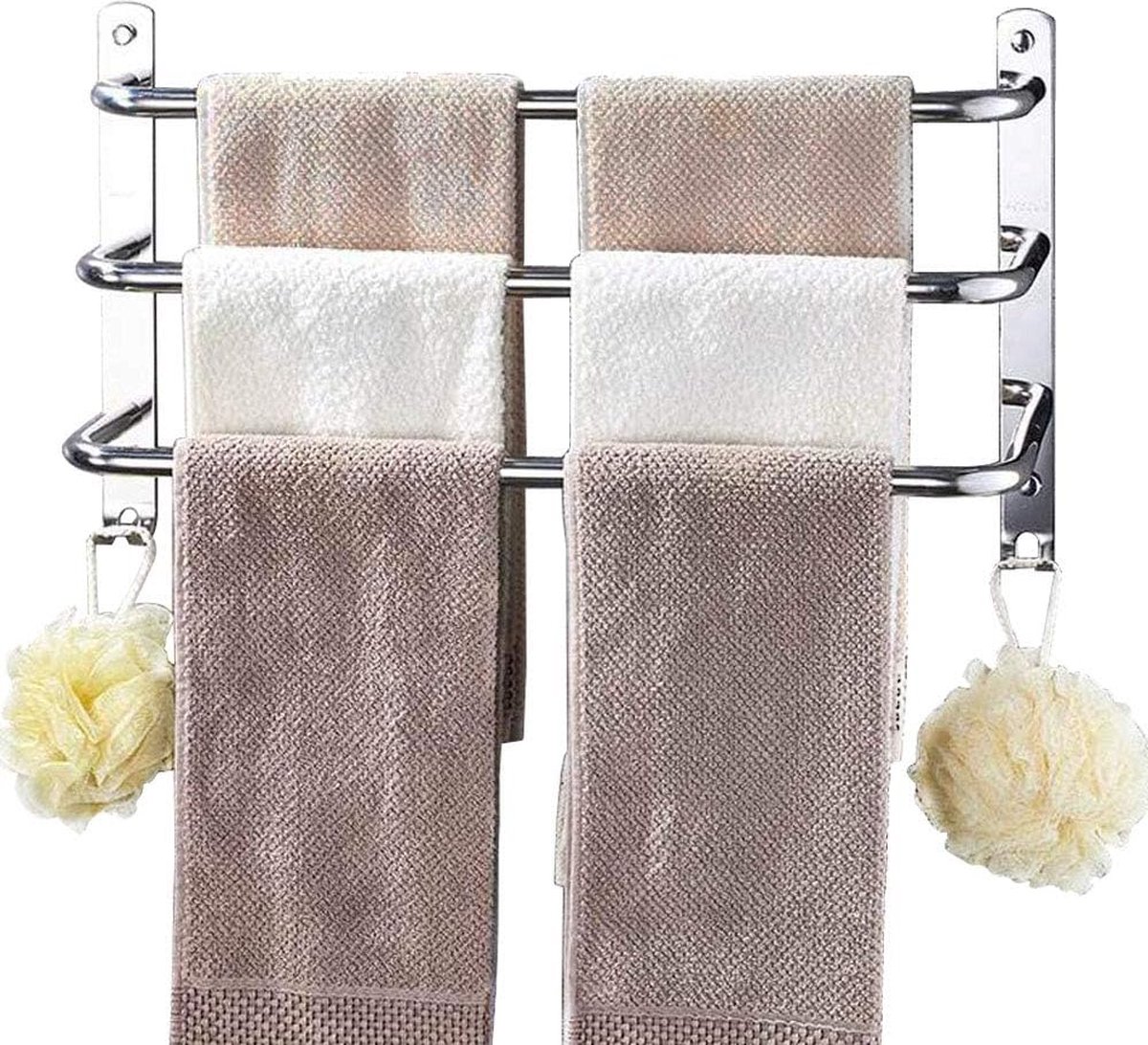 Handdoekenrek 3-laags badhanddoekenrek SUS 304 roestvrijstalen handdoekenrek met haken Wandgemonteerde handdoekhouder handdoekstang voor keuken badkamer toilet hotel (chroom, 63CM)