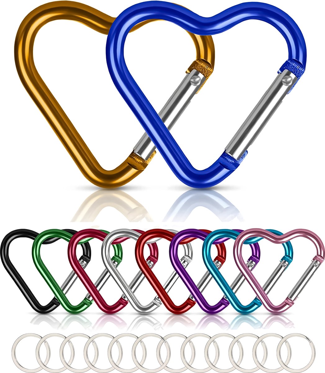 18 Stuks Hart-vorm Karabijnhaken met 18 Sleutelringen - Musketonhaak Sleutelhangers - Musketon Hartjes Carabiner - Carabijn/Karabijn haak - Karabijnsluitingen en ringetjes - Carabijnhaak Aluminium - Multikleur - haak 4 cm -