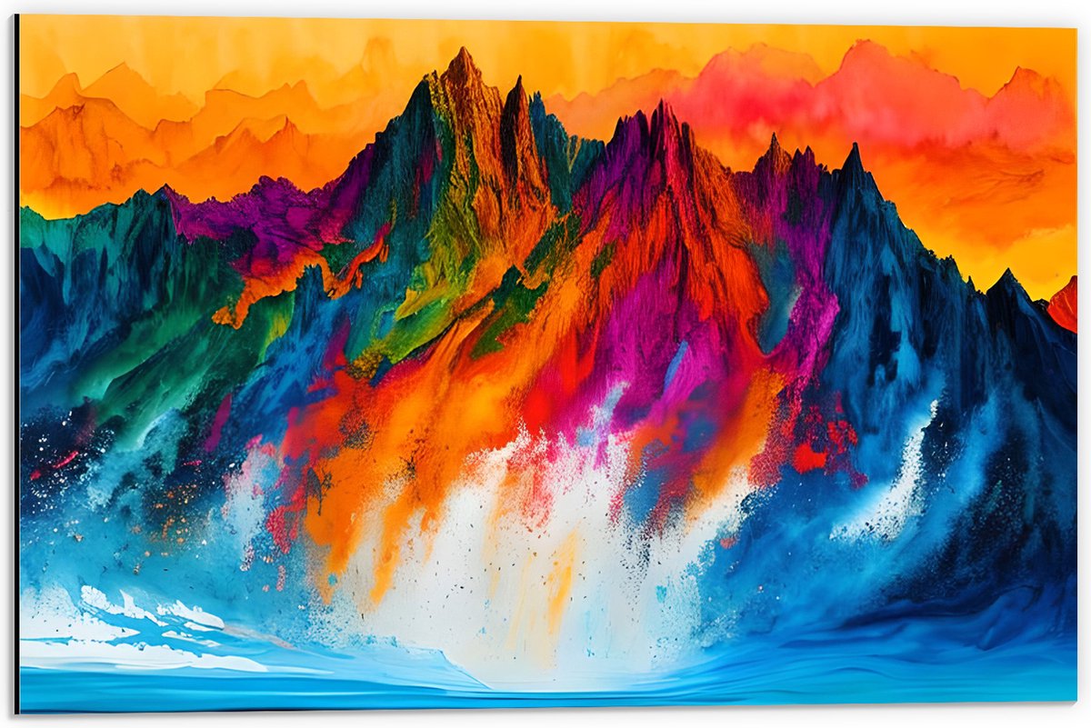 Dibond - Waterverf Tekening van Kleurrijke Bergen onder Oranje Lucht - 60x40 cm Foto op Aluminium (Met Ophangsysteem)