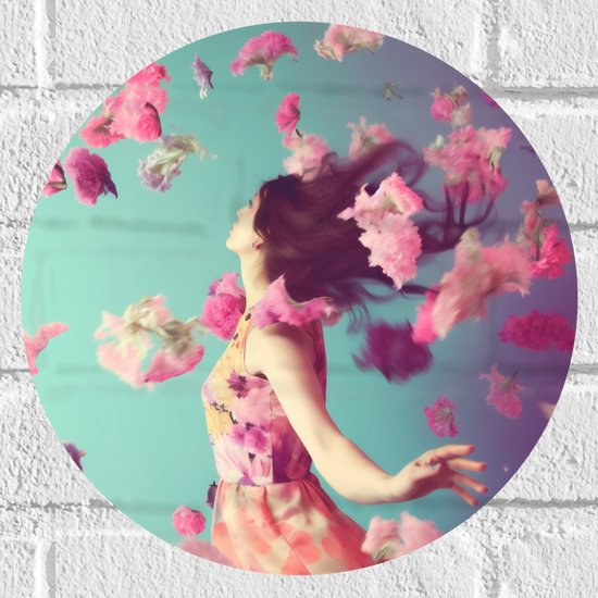 Muursticker Cirkel - Vrouw Dansend tussen de Rozegekleurde Bloemen - 30x30 cm Foto op Muursticker